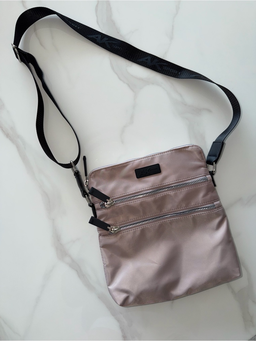 Anne Klein Sport Metallic Blush Crossbody Messenger with Black Strap